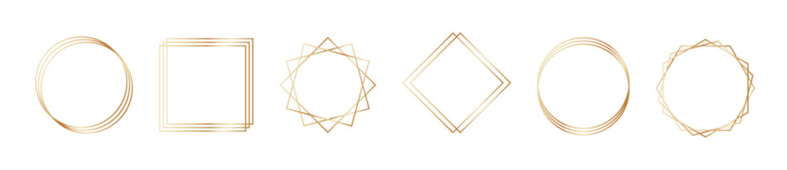 Golden geometric frames in art deco style. Luxury gold borders for for wedding invitation. Thin line oval and square set for invitation decoration. Vector illustration isolated on white background.