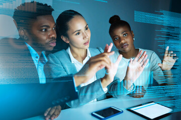 We plan better together. Shot of a diverse group of businesspeople sitting in the office and planning with a cgi screen.