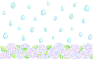 雨が降る紫陽花畑を横から見た風景。水彩イラスト。