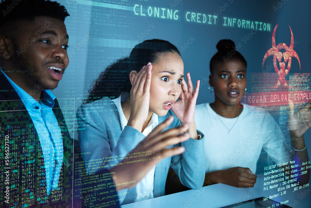 Poster theyre stealing the data. shot of a diverse group of businesspeople sitting together and feeling str