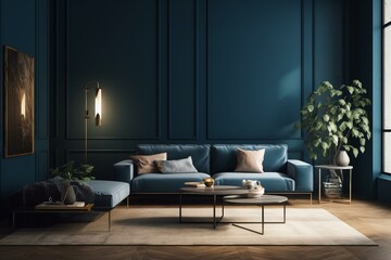 Contemporary lounge and living room with blue wall. Generative AI