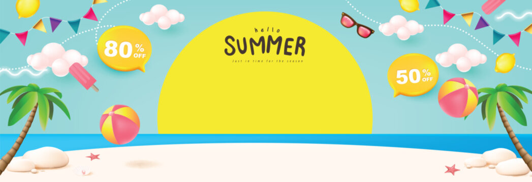 Summer poster banner with sun set and summer beach scene design background