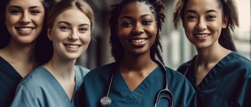 Smiling beautiful female healthcare workers looking at the camera. Generative AI