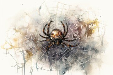 Watercolor illustration of Halloween spider web with gothic horror elements isolated on white background. Generative AI
