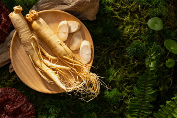 Ginseng and ginseng slices are arranged on wooden dish. Ginseng (Panax ginseng) contains...