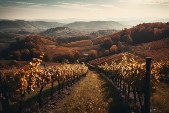 Autumn grape hills in South Styria's famous tourist spot Eckberg near Gamlitz, Austria. Scenic vineyards in Europe. Generative AI