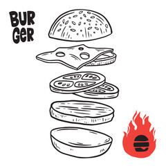 Hand drawn burger vector doodle. Hamburger sketch illustration for print, web and infographics.