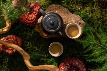 A block of stone with an earthen teapot and a tea cup placed on. Natural medicine content. Lingzhi mushroom (Ganoderma Lucidum) can help enhance immune function