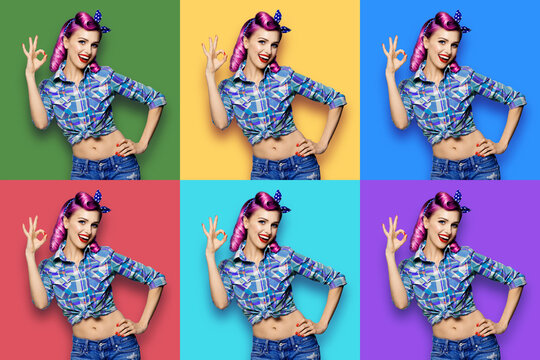 Pin up girl. Excited smiling pretty woman show ok okay hand sign gesture. Retro and vintage ad concept. Isolated multi color background. Female model. Collage set collection image.