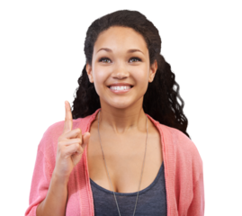 Happy woman, smile and pointing finger for idea, solution or mindset isolated on a transparent PNG background. Excited female face smiling with hand gesture or point for suggestion, plan or scheme