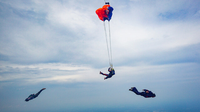 Student Skydiver deploys parachute with two instructors