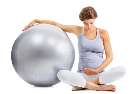 Pregnant mother, stomach and exercise ball isolated on a transparent png background. Fitness, pilates and wellness of woman in maternity or pregnancy in workout for healthy body and yoga training - Powered by Adobe