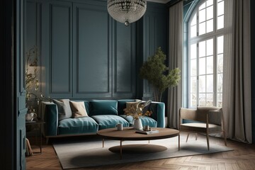 3D rendered living room with blue sofa. Generative AI