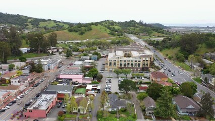 Afternoon aerial view of the historic downtown urban core of Novato, California, USA.