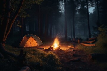 Night campfire beside tent in digital forest. No source material. Generative AI
