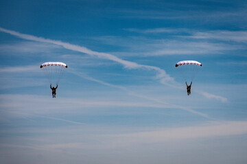 Skydivers pair land two parachutes in blue sky