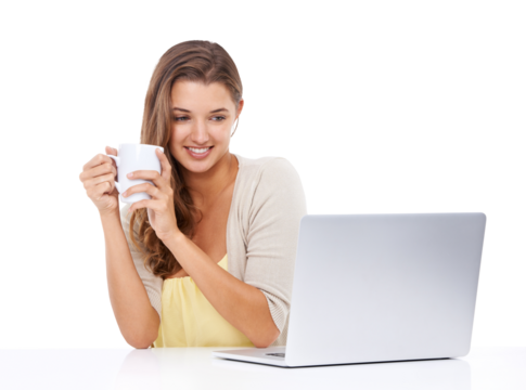 Coffee, laptop and woman streaming video isolated on a transparent png background. Tea, computer and happy female person browsing online, internet scrolling or watching film, movie or web show.