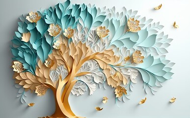 a tree with beautiful white flowers, in the style of light aquamarine and gold, textural surface treatment, matte background, sculptural paper constructions, colourful, porcelain, light green and blue