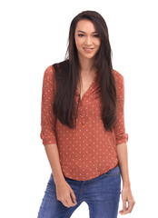 Fototapeta premium Portrait, fashion and trendy with a woman with casual style and confidence. Happy, smile and female model with beauty and youth posing in stylish clothes isolated on a transparent, png background