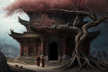 Monks temple with cherry blossom tree