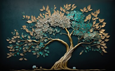 a tree with beautiful white flowers, in the style of light aquamarine and gold, textural surface treatment, matte background, sculptural paper constructions, colourful, porcelain, light green and blue