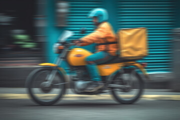 Naklejka na ściany i meble A man rides a motorcycle on the street to send a courier