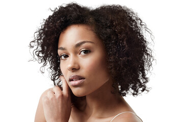 Skincare, curly hair and portrait of a woman with natural haircare and wellness from skin glow....