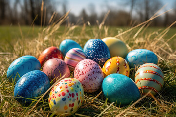 Fototapeta na wymiar Easter eggs in grass against blurred green background. Spring holidays concept