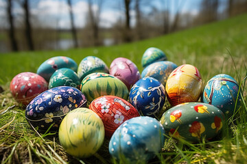 Fototapeta na wymiar Easter eggs in grass against blurred green background. Spring holidays concept