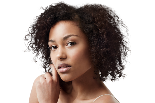 Skincare, curly hair and portrait of a woman with natural haircare and wellness from skin glow. Dermatology, young face and African female with youth beauty isolated on a transparent png background