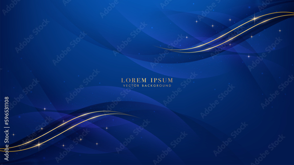 Wall mural golden line with curve light effect, shiny dots and sparkling light effect elements decoration on bl