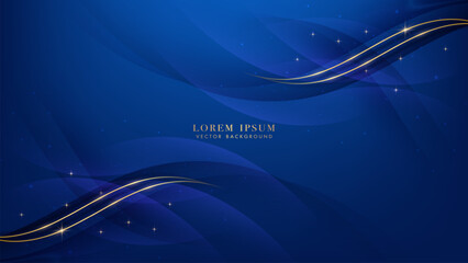Golden line with curve light effect, shiny dots and sparkling light effect elements decoration on blue background. Luxury style vector design