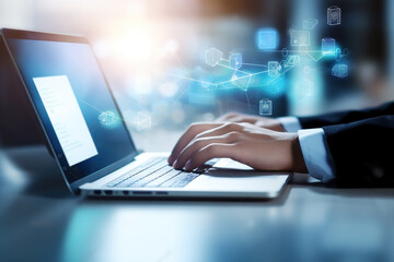 Cloud technology. Data storage and backup. Networking and internet service concept. Man using laptop computer and mobile phone with cloud computing diagram.