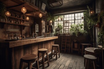 Fototapeta na wymiar A rustic bar with wooden tables and stools. Generative AI