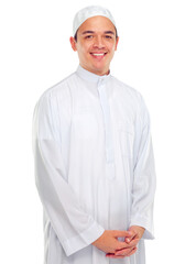 Happy, ramadan and portrait of muslim person in islamic fashion for religion or Arabic culture. Young, spiritual and man with faith, worship or holy mindset isolated by a transparent png background.