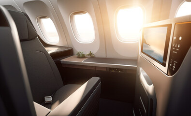 Luxury passenger aircraft business class inside scene