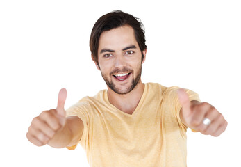 Winning man, thumbs up and portrait isolated on transparent, png background for thank you, support...