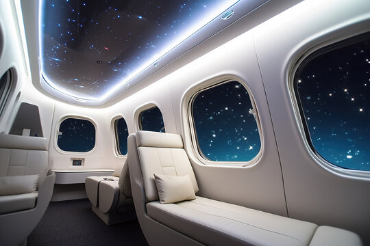 Luxury passenger aircraft business class inside scene
