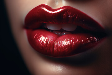 Close-up of large sensual lips of caucasian woman and rich red lipstick. Beauty, female cosmetics, make-up. Generative AI