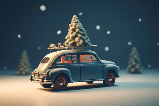 Small toy blue car with a Christmas tree on roof on snowy winter evening. Christmas theme, Generative AI