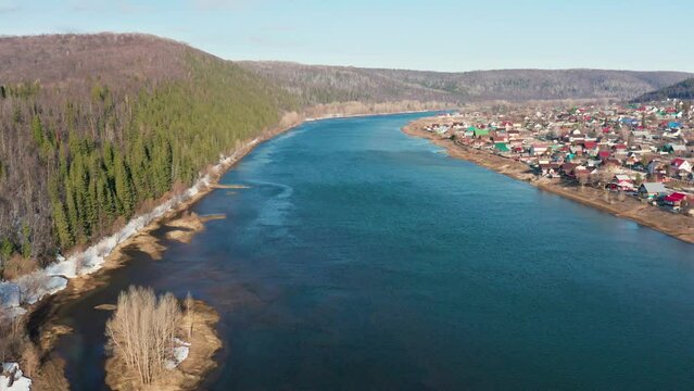 Southern Urals, Krasny Klyuch village. High water on the Ufa River. Aerial view.