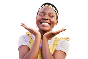 Black woman, flower or crown portrait and a smile on face isolated on a transparent, png background. Natural beauty, happy and hands frame of an African girl with a excited glow for spring flowers