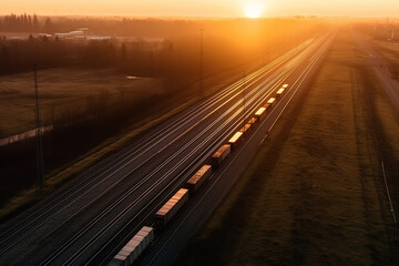 Fototapeta na wymiar Vans on the highway under the setting sun