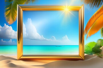summer beach with trees and sun, blue sky, and Gold frame