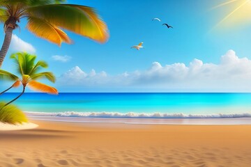 Fototapeta na wymiar Tropical summer beach with trees and sun, blue sky