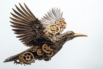 A bird soaring made from antique gears on a white background. Generative AI