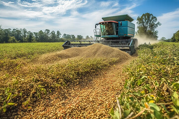Fototapeta premium The farm vegetable field harvester uninstall into the tractor trailer. Modern agricultural harvesting technology. The growth of agricultural technology and productive forces.