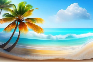 Tropical summer beach with trees and sun, blue sky
