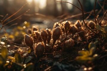 Budding sprouts bask in sunshine of early spring. Generative AI