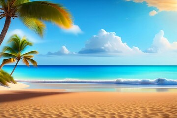 Fototapeta na wymiar Tropical summer beach with trees and sun, blue sky